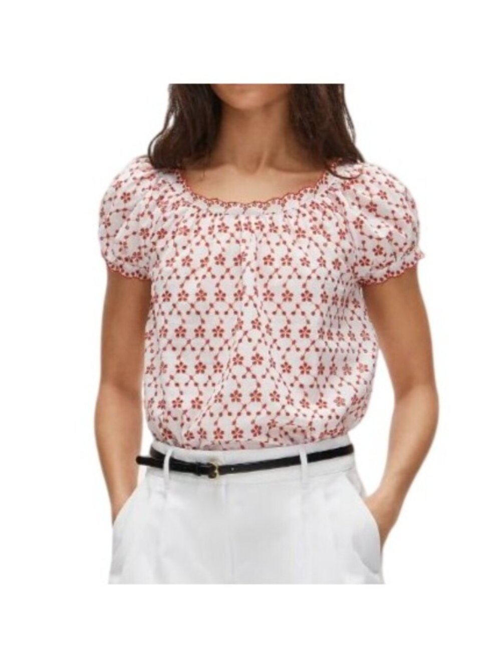 NWT J.Crew Scallop-Trim Eyelet Top Sz S White Red Blouse Lightweight Airy Boho